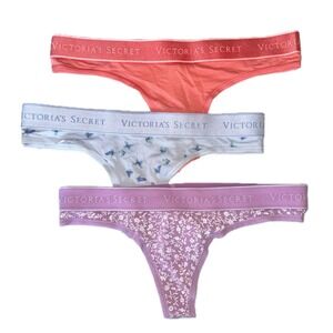 NWT XS Victoria's Secret Thong Panties Set of 3 Logo Waistband Floral Pink